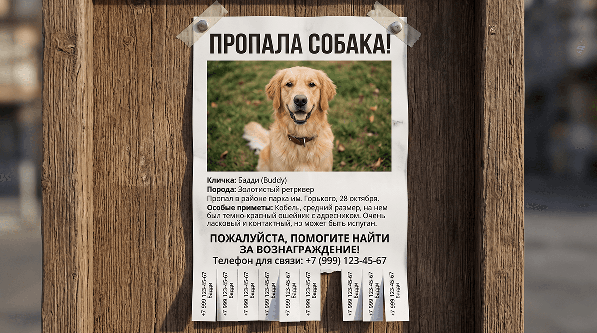 Образец объявления о пропаже собаки: шаблон и макет для печати