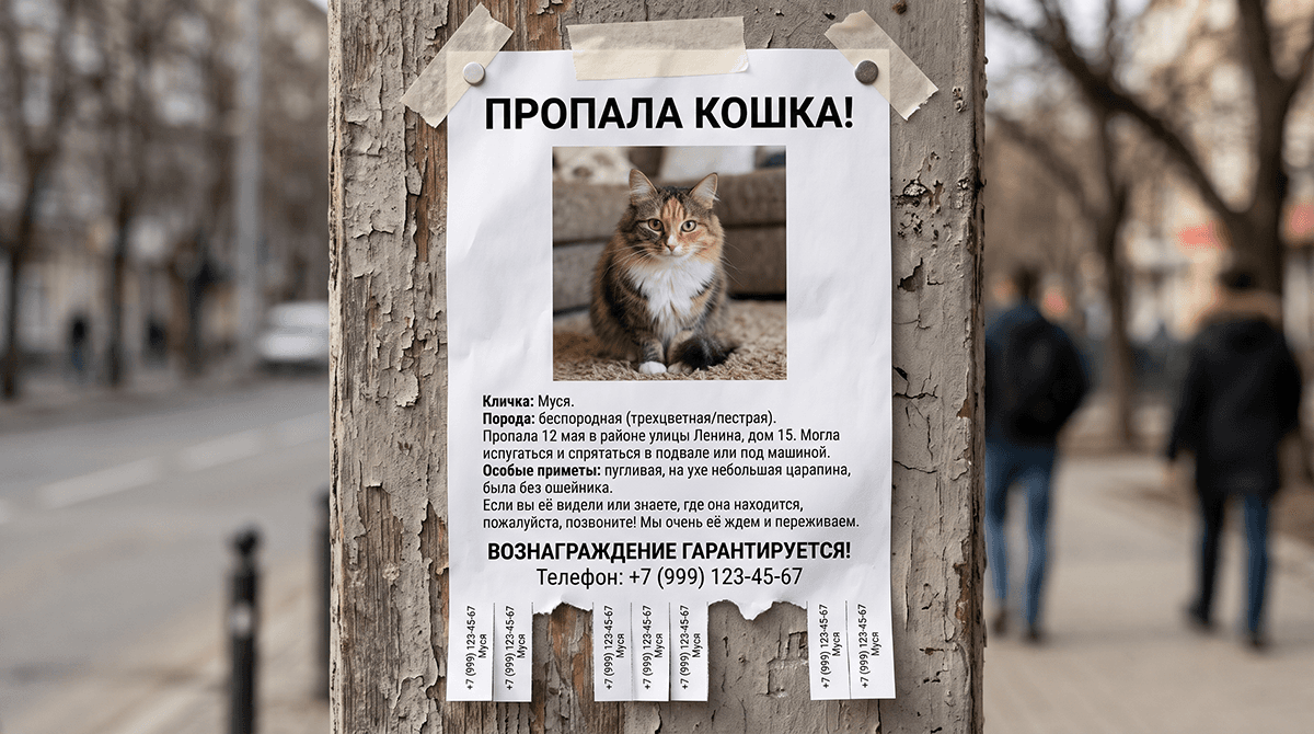  объявления о пропаже кошки: шаблон и макет для печати